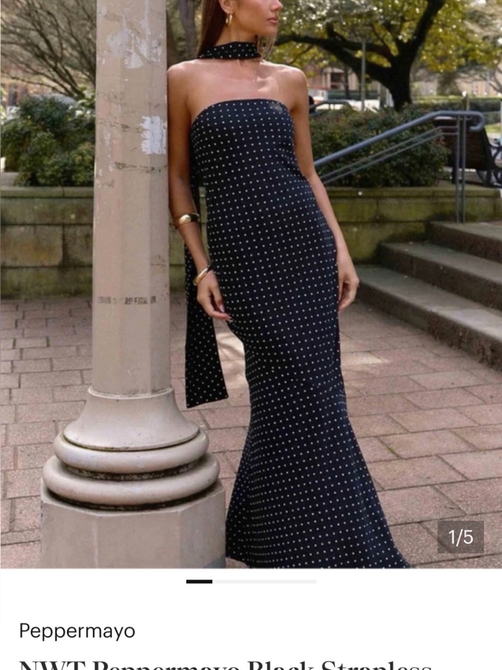 Peppermayo Black Maxi strapless dress with White Polka Dots NWT